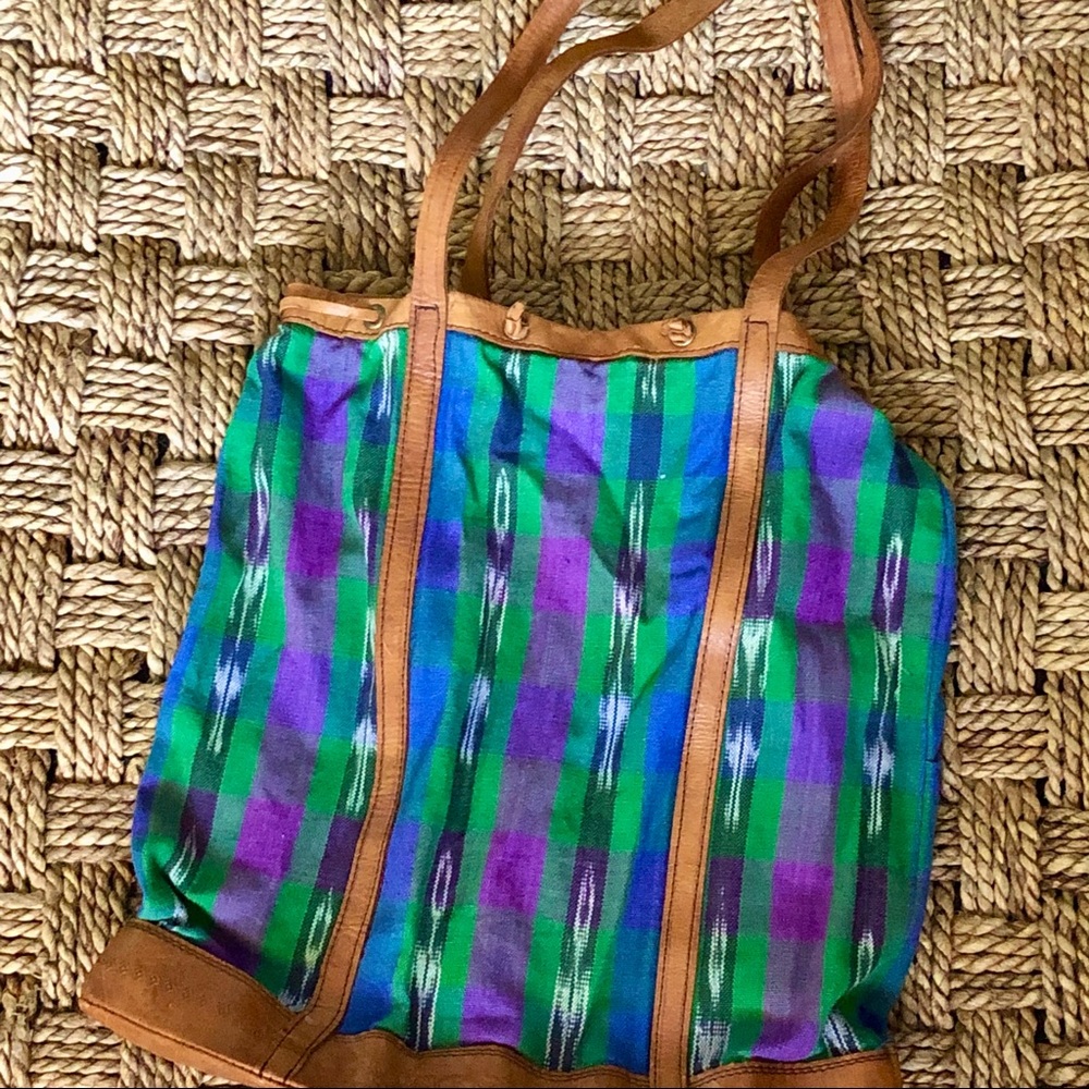 Fun Colorful Boho Style Guatemalan Ikat Fabric Tote w/Camel Color Leather Detail